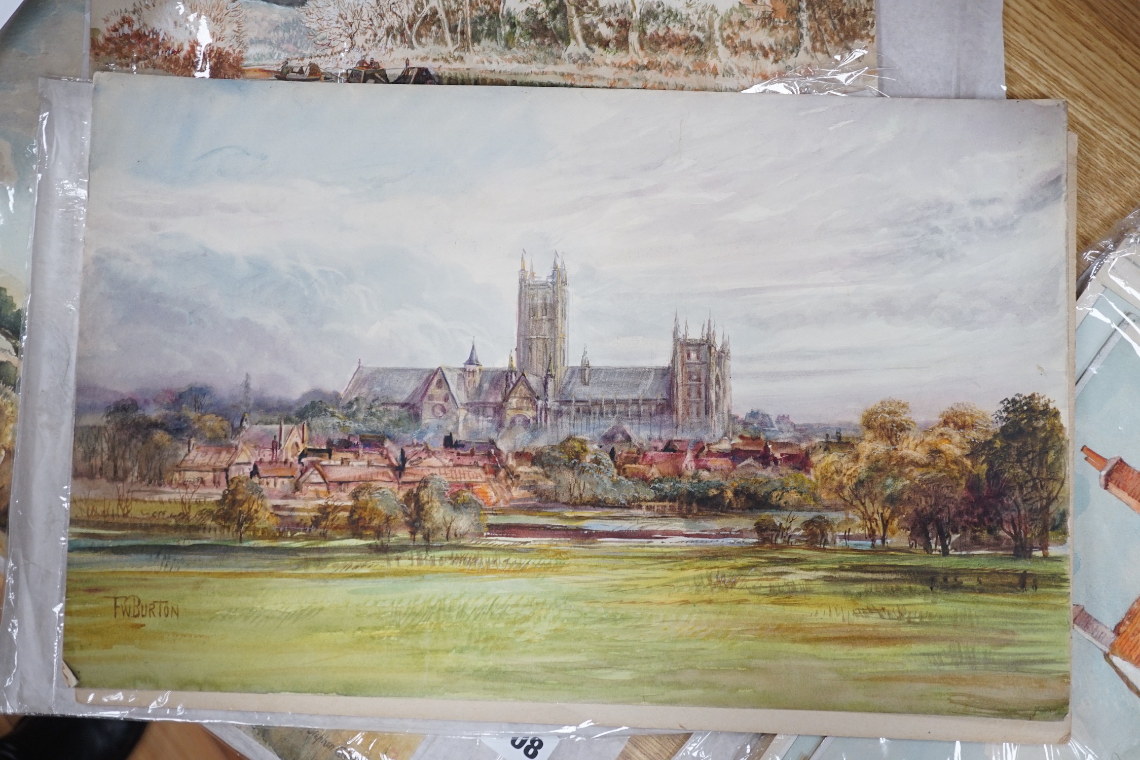 Frederick William Burton (1816-1900), Robert Aitchen and Stephen Cubitt, three watercolour designs for postcards, 'Canterbury Cathedral', 'Winter on the Union Canal' and 'Pitstone Church, Buckinghamshire', signed, larges